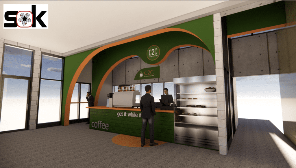 Concept art of Coffee 2 Careers in the Northeast Community Center lobby